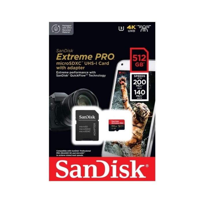 Карта пам'яті microSDXC (UHS-1 U3) SanDisk Extreme Pro A2 512Gb class 10 V30 (R200MB/s,W140MB/s) (adapter) (SDSQXCD-512G-GN6MA)