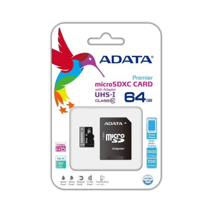 Карта пам'яті microSDXC (UHS-1) A-DATA Premier 64Gb Class 10 (R-100Mb/s)  (adapter SD) (AUSDX64GUICL10-RA1)