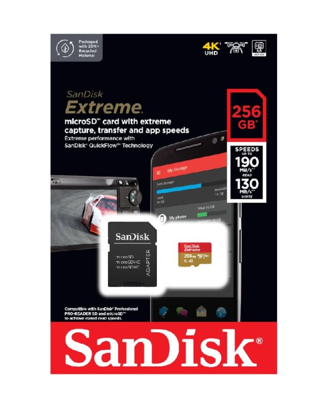 Карта пам'яті microSDXC (UHS-1 U3) SanDisk Extreme A2 256Gb class 10 V30 (R190MB/s,W130MB/s) (adapter SD) (SDSQXAV-256G-GN6MA)