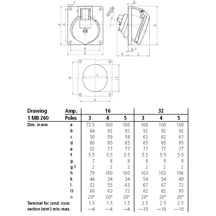 Розетка панельна 16A 3п 6г 230B, IP67 (нахил 20°), MENNEKES (артикул 1475)
