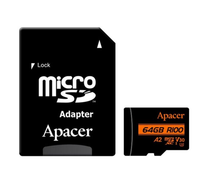 Карта пам'яті microSDXC (UHS-1 U3) Apacer A2 64Gb class 10 V30 (R100MB/s, W80MB/s) (adapter SD) (AP64GMCSX10U8-R)