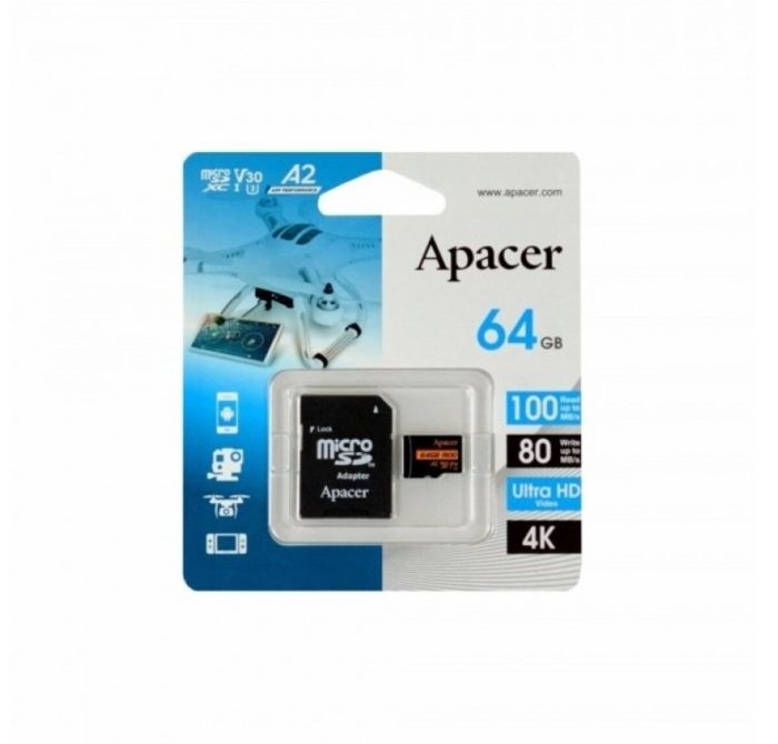 Карта пам'яті microSDXC (UHS-1 U3) Apacer A2 64Gb class 10 V30 (R100MB/s, W80MB/s) (adapter SD) (AP64GMCSX10U8-R)