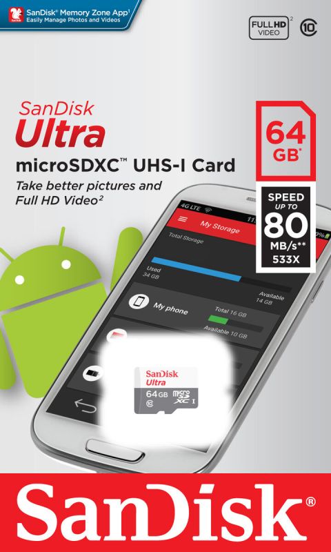 Карта пам'яті microSDXC (UHS-1) SanDisk Ultra 64Gb class 10 (80Mb/s) (SDSQUNS-064G-GN3MN)