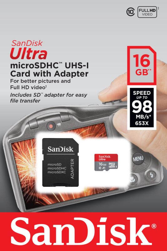 Карта пам'яті microSDHC (UHS-1) SanDisk Ultra 16Gb class 10 A1 (98Mb/s, 653x) (adapter SD) (SDSQUAR-016G-GN6IA)