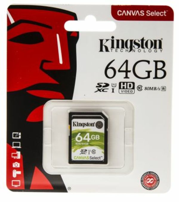 SDHC (UHS-1) Kingston Canvas Select 64Gb class 10  (R-80MB/s) (SDS/64GB)