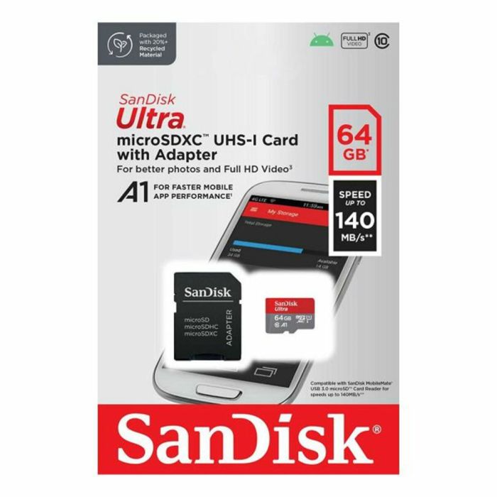 Карта пам'яті microSDXC (UHS-1) SanDisk Ultra 64Gb class 10 A1 (140Mb/s) (adapter SD) (SDSQUAB-064G-GN6MA)