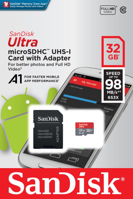 Карта пам'яті microSDHC (UHS-1) SanDisk Ultra 32Gb class 10 A1 (98Mb/s, 653x) (adapter SD) (SDSQUAR-032G-GN6MA)