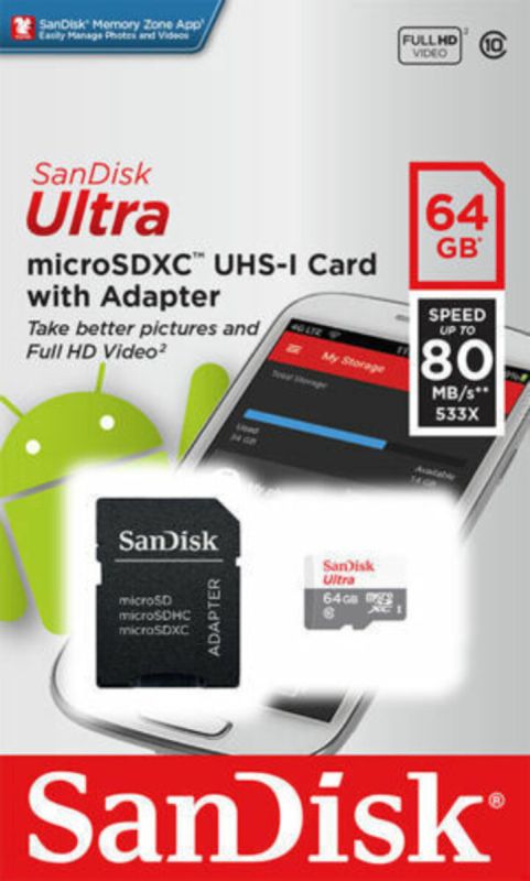 Карта пам'яті microSDXC (UHS-1) SanDisk Ultra 64Gb class 10 (80Mb/s) (adapter SD) (SDSQUNS-064G-GN3MA)