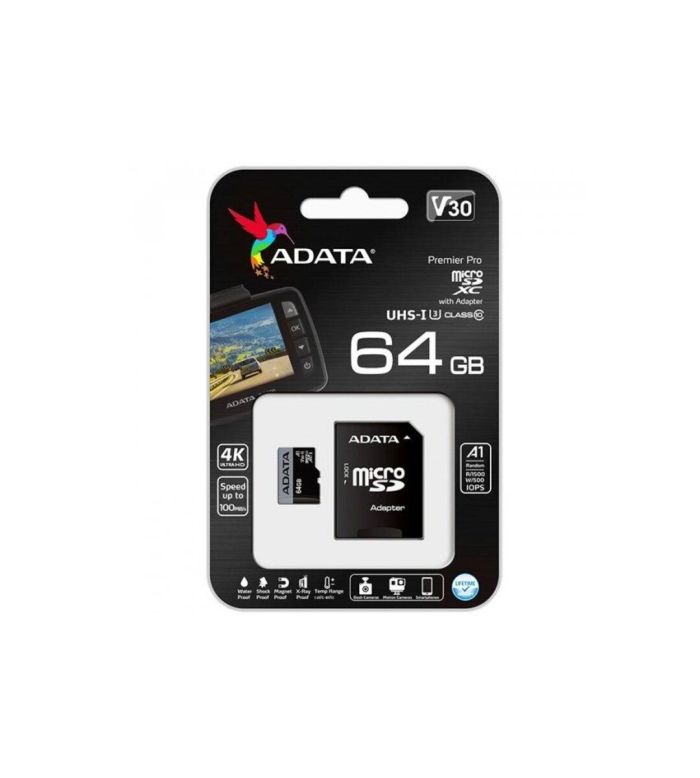 Карта пам'яті microSDXC (UHS-1 U3) A-DATA Premier Pro 64Gb Class 10 V30S A2 (R-100Mb/s W85Mb/s) (adapter SD) (AUSDX64GUI3V30SA2-RA1)