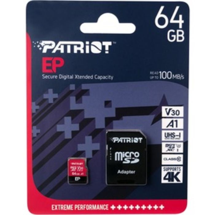 Карта пам'яті microSDXC (UHS-1 U3) Patriot EP Series 64Gb class 10 V30 (R-100MB/s, W-80MB/s) (adapter SD) (PEF64GEP31MCX)