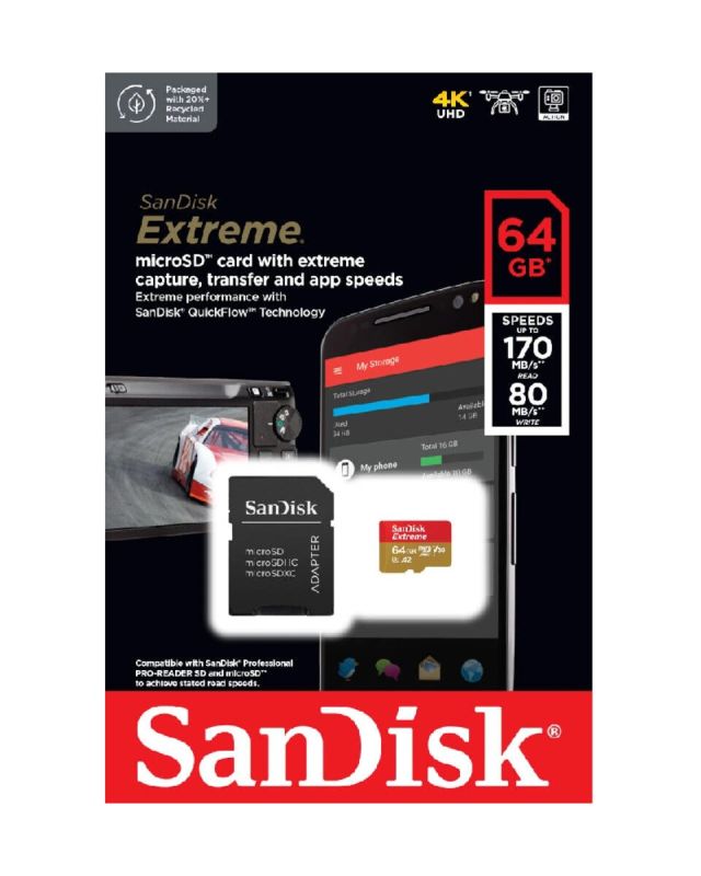 Карта пам'яті microSDXC (UHS-1 U3) SanDisk Extreme A2 64Gb class 10 V30 (R170MB/s,W80MB/s) (adapter SD) (SDSQXAH-064G-GN6MA)
