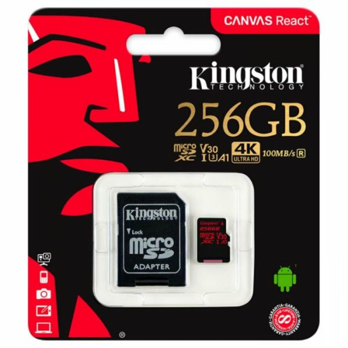 microSDXC (UHS-1 U3) Kingston Canvas React 256Gb class 10 (R100MB/s, W80MB/s) (adapter SD) (SDCR/256GB)