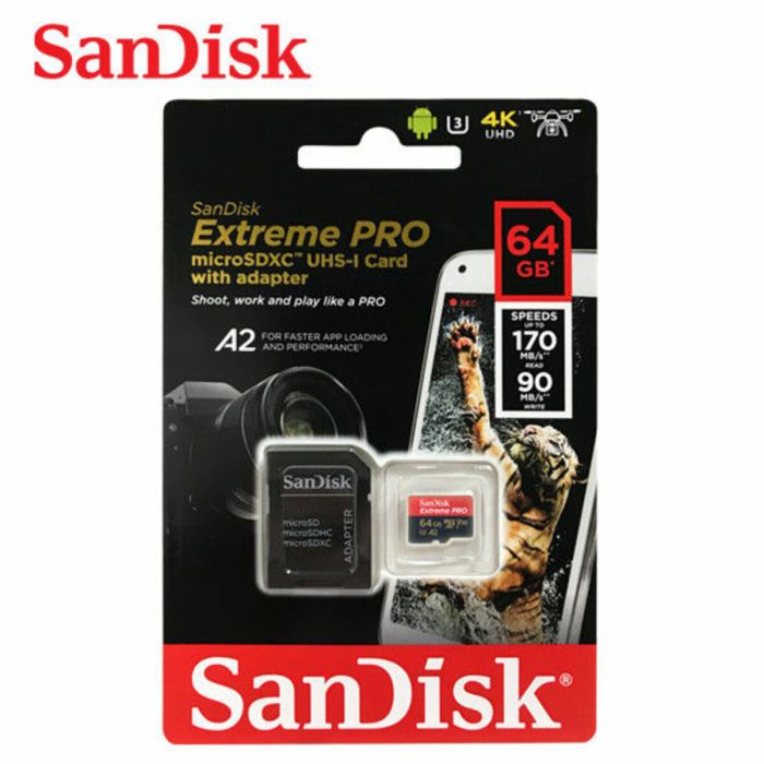 Карта пам'яті microSDXC (UHS-1 U3) SanDisk Extreme Pro A2 64Gb class 10 V30 (R170MB/s,W90MB/s) (adapter SD) (SDSQXCY-064G-GN6MA)