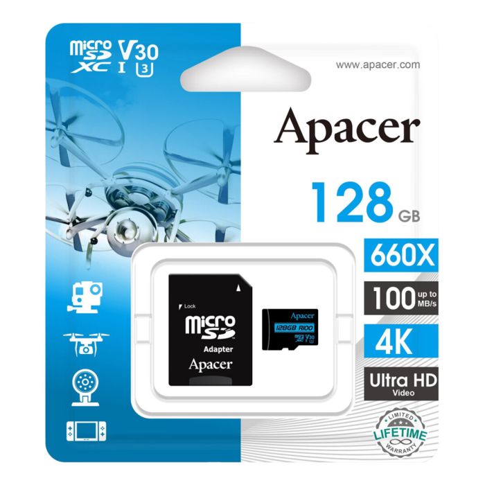 Карта пам'яті microSDXC (UHS-1 U3) Apacer 128Gb class 10 V30 R100MB/s (adapter SD) (AP128GMCSX10U7-R)