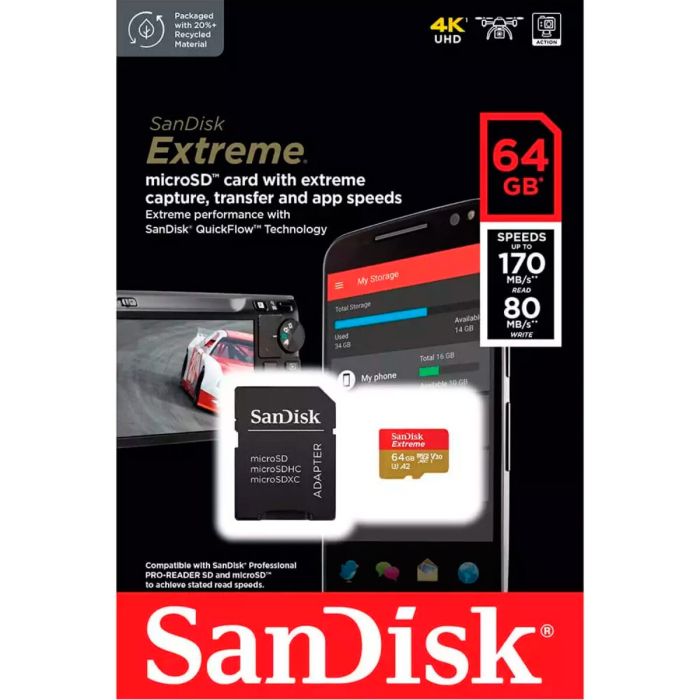 Карта пам'яті microSDXC (UHS-1 U3) SanDisk Extreme For Action Cams and Drones A2 64Gb class 10 V30 (R170MB/s,W80MB/s) (adapter) (SDSQXAH-064G-GN6AA)