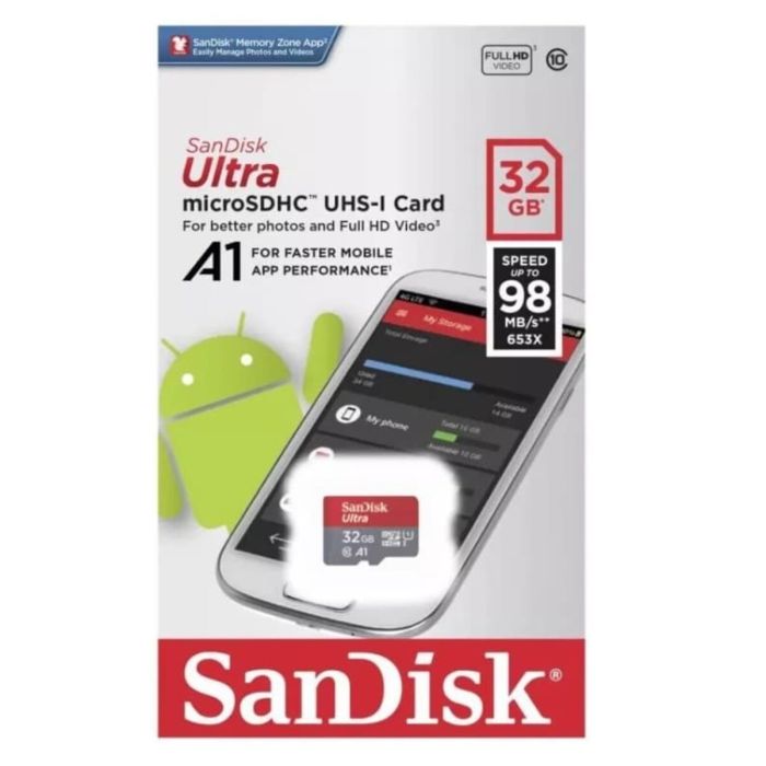 Карта пам'яті microSDHC (UHS-1) SanDisk Ultra 32Gb class 10 A1 (98Mb/s, 653x) (SDSQUAR-032G-GN6MN)