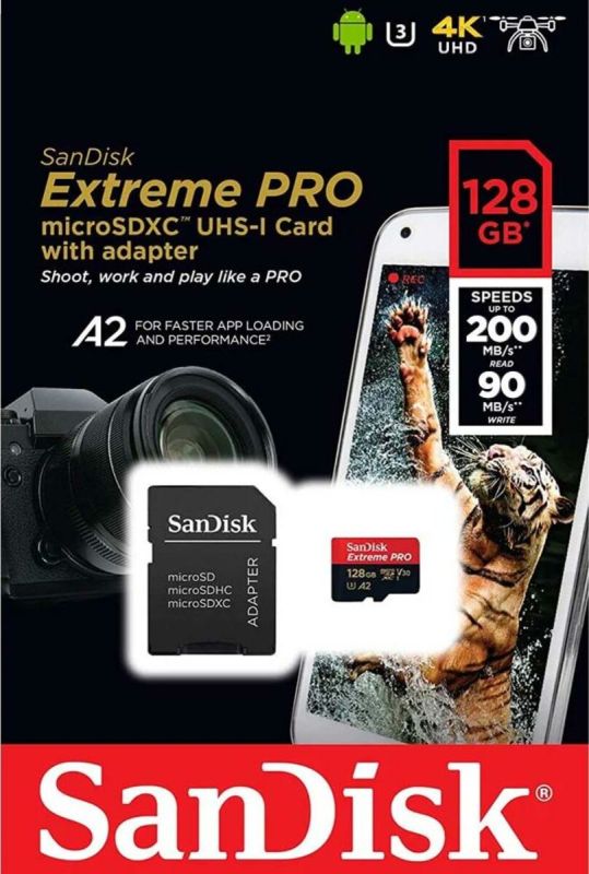 Карта пам'яті microSDXC (UHS-1 U3) SanDisk Extreme Pro A2 128Gb class 10 V30 (R200MB/s,W90MB/s) (adapter) (SDSQXCD-128G-GN6MA)