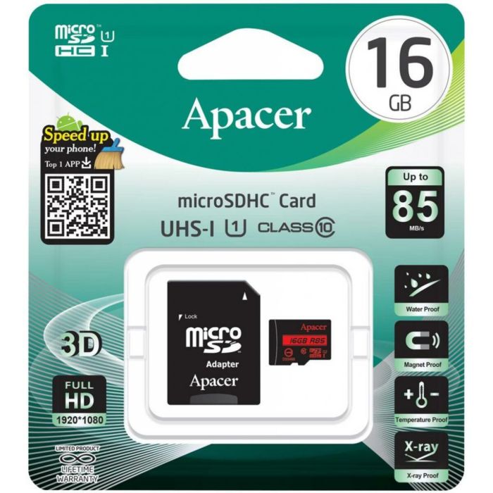 microSDHC (UHS-1) Apacer 16Gb class 10 R85MB/s (adapter SD) (AP16GMCSH10U5-R)