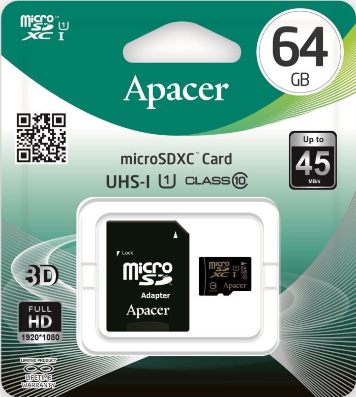 microSDXC (UHS-1) Apacer 64Gb class 10 (adapter SD) (AP64GMCSX10U1-R)