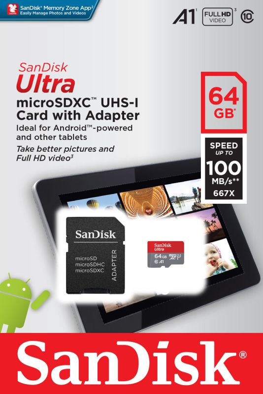 Карта пам'яті microSDXC (UHS-1) SanDisk Ultra 64Gb class 10 A1 (100Mb/s, 667x) (adapter SD) (SDSQUAR-064G-GN6TA)