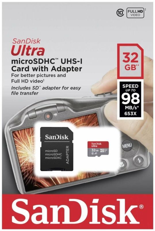 Карта пам'яті microSDHC (UHS-1) SanDisk Ultra 32Gb class 10 A1 (98Mb/s, 653x) (adapter SD) (SDSQUAR-032G-GN6IA)