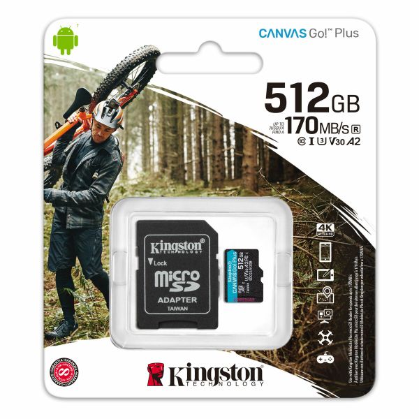 Карта пам'яті microSDXC (UHS-1 U3) Kingston Canvas Go Plus 512Gb class 10 A2 V30 (R170MB/s, W90MB/s) (adapter SD) (SDCG3/512GB)