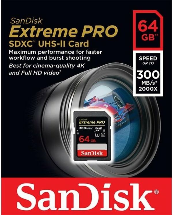 Карта пам'яті SDXC (UHS-II U3) SanDisk Extreme Pro 64Gb class 10 V90 (R300MB/s, W260MB/s) (SDSDXDK-064G-GN4IN)