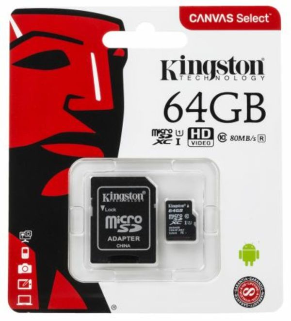 microSDXC (UHS-1) Kingston Canvas Select 64Gb class 10  (R-80MB/s) (adapter SD) (SDCS/64GB)