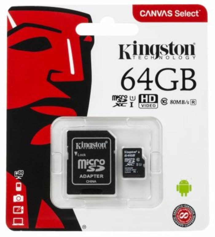 microSDXC (UHS-1) Kingston Canvas Select 64Gb class 10  (R-80MB/s) (adapter SD) (SDCS/64GB)