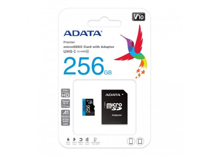 Карта пам'яті microSDXC (UHS-1) A-DATA Premier 256Gb Class 10 А1 (R-100Mb/s)  (adapter SD) (AUSDX256GUICL10A1-RA1)