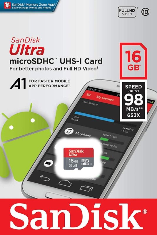 Карта пам'яті microSDHC (UHS-1) SanDisk Ultra 16Gb class 10 A1 (98Mb/s, 653x) (SDSQUAR-016G-GN6MN)