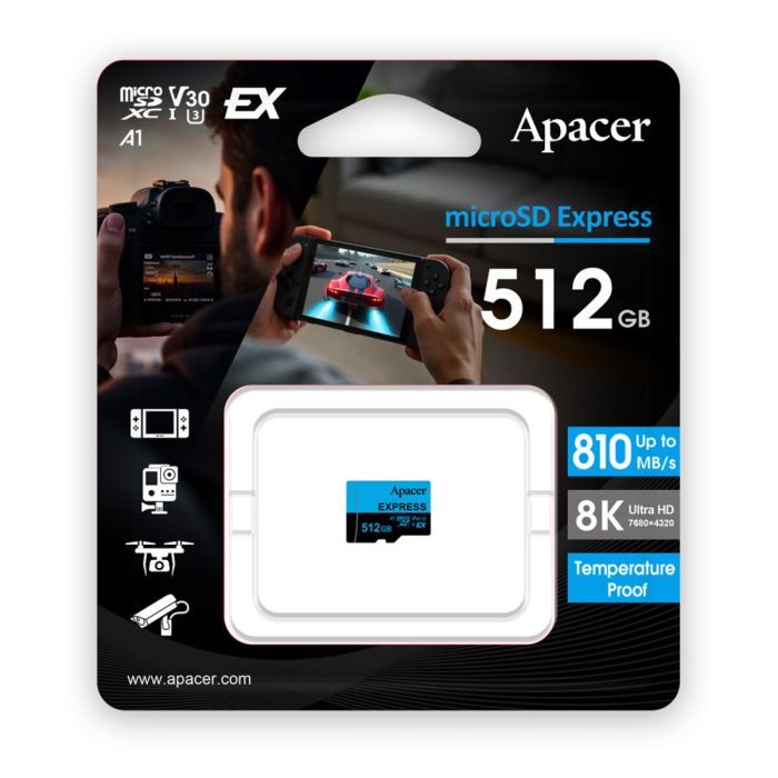 Карта пам'яті microSDXC  (UHS-1 U3) Apacer Express 512Gb class 10 V30 A1  Read/Write:810/700 MB/sec (Compatible with Nintendo Switch 2) (AP512GMCEXG3X17-RA)