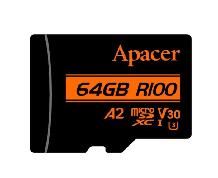 Карта пам'яті microSDXC (UHS-1 U3) Apacer A2 64Gb class 10 V30 (R100MB/s, W80MB/s) (adapter SD) (AP64GMCSX10U8-R)
