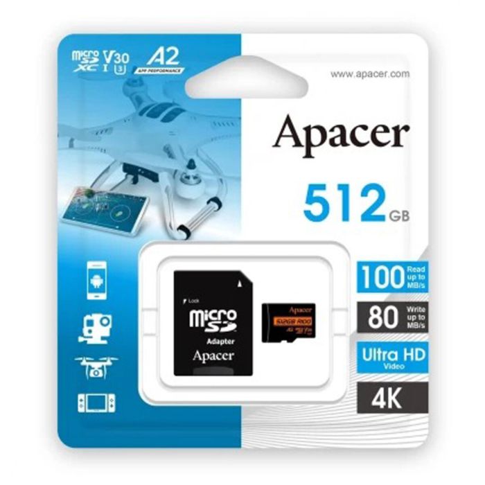 Карта пам'яті microSDXC (UHS-1 U3) Apacer A2 512Gb class 10 V30 (R100MB/s, W80MB/s) (adapter SD) (AP512GMCSX10U8-R)