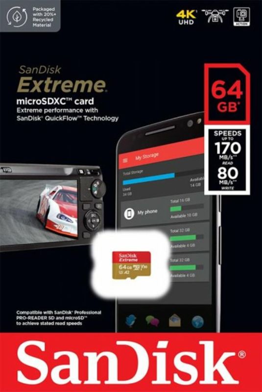 Карта пам'яті microSDXC (UHS-1 U3) SanDisk Extreme A2 64Gb class 10 V30 (R170MB/s,W80MB/s) (SDSQXAH-064G-GN6MN)