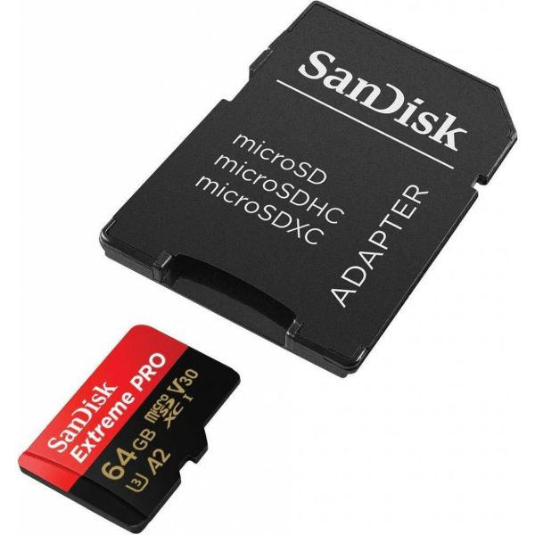 Карта пам'яті microSDXC (UHS-1 U3) SanDisk Extreme Pro A2 64Gb class 10 V30 (R170MB/s,W90MB/s) (adapter SD) (SDSQXCY-064G-GN6MA)
