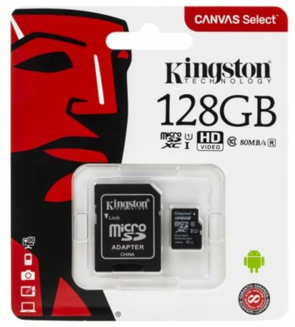 microSDXC (UHS-1) Kingston Canvas Select 128Gb class 10  (R-80MB/s) (adapter SD) (SDCS/128GB)