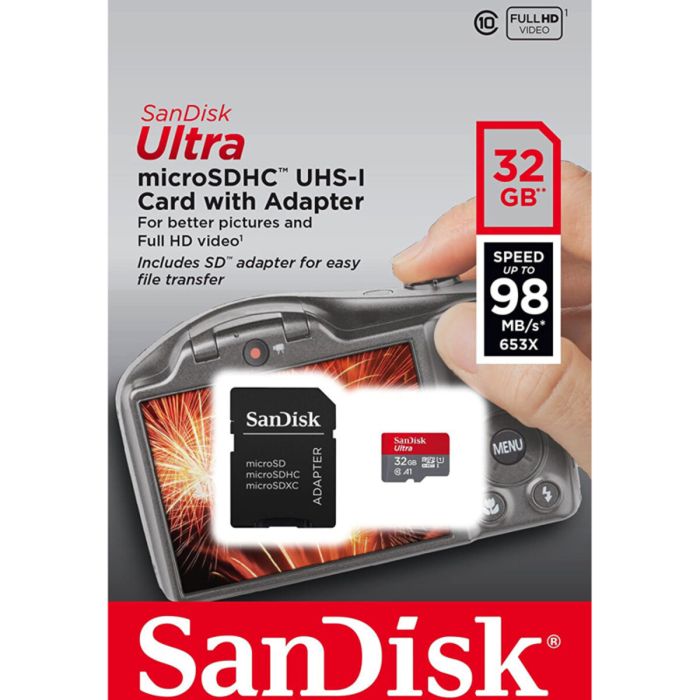 Карта пам'яті microSDHC (UHS-1) SanDisk Ultra 32Gb class 10 A1 (120Mb/s) (adapter SD) Imaging Packaging (SDSQUA4-032G-GN6IA)