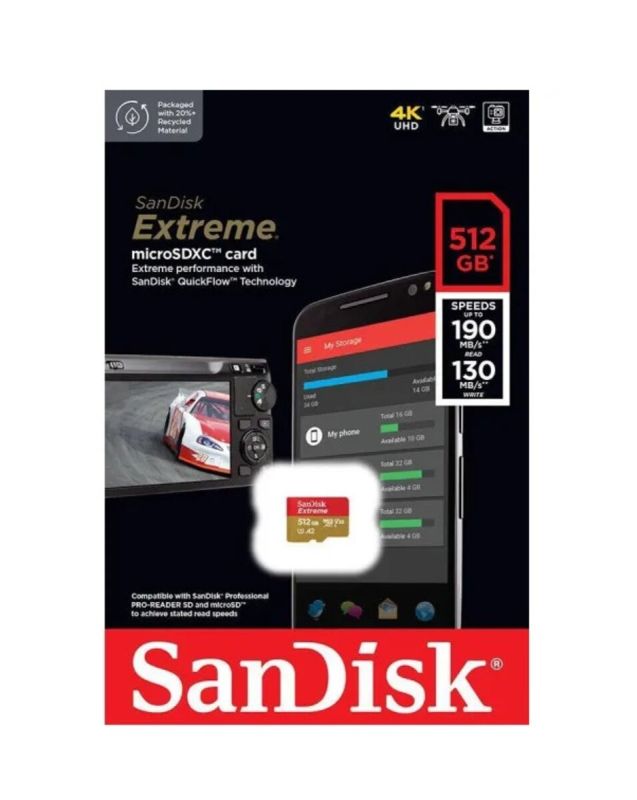 Карта пам'яті microSDXC (UHS-1 U3) SanDisk Extreme A2 512Gb class 10 V30 (R190MB/s,W130MB/s) (SDSQXAV-512G-GN6MN)