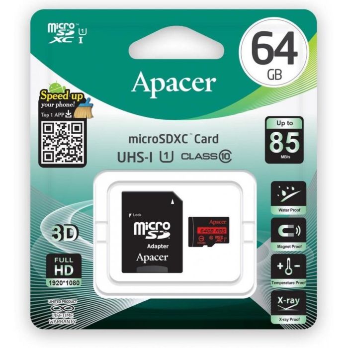 microSDXC (UHS-1) Apacer 64Gb class 10 R85MB/s (adapter SD) (AP64GMCSX10U5-R)