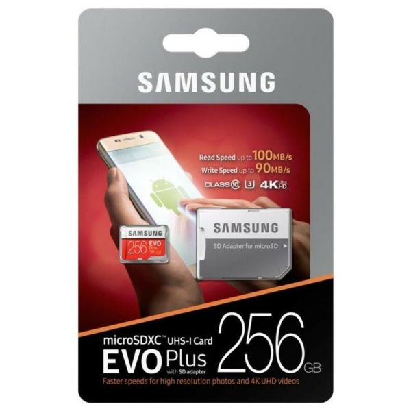 Карта пам'яті microSDXC (UHS-1 U3) Samsung EVO Plus 256Gb class 10 (R-100Mb/s, W-90Mb/s) (adapter SD) (MB-MC256HA)