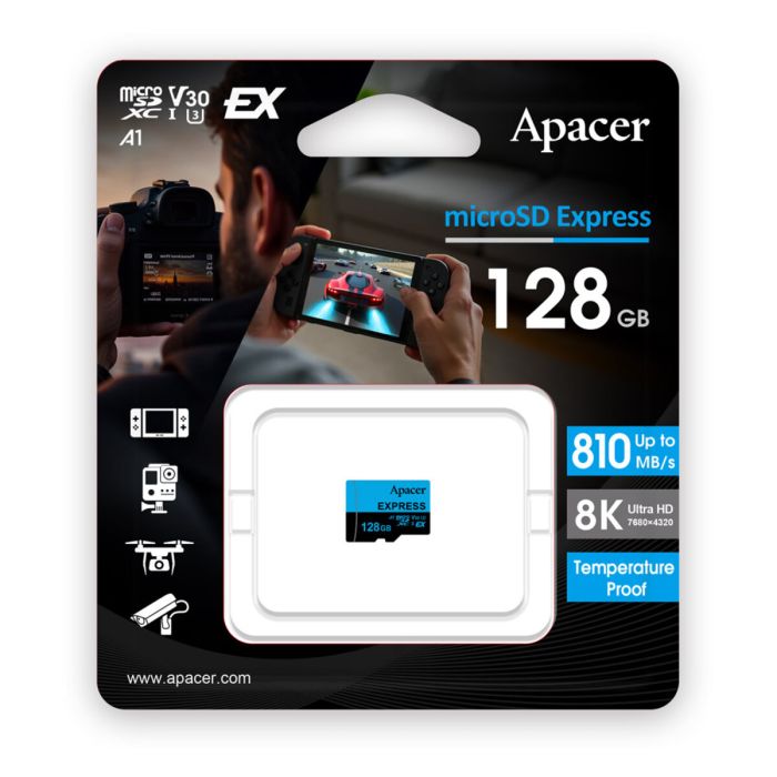 Карта пам'яті microSDXC  (UHS-1 U3) Apacer Express 128Gb class 10 V30 A1  Read/Write:810/700 MB/sec (Compatible with Nintendo Switch 2) (AP128GMCEXG3X17-RA)