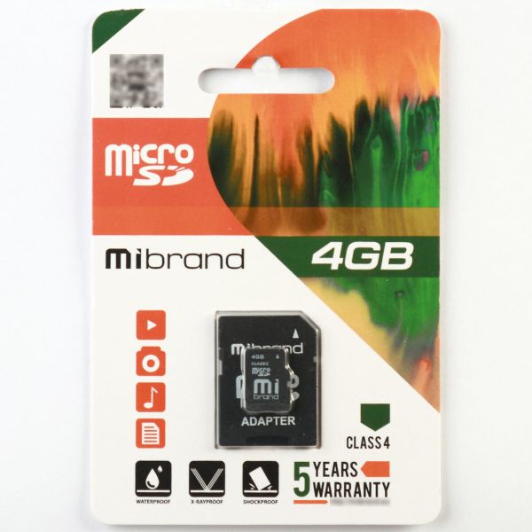 Карта пам'яті microSDHC Mibrand 4Gb class 4 (adapter SD) (MICDC4/4GB-A)