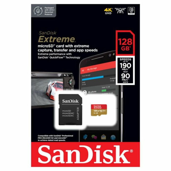 Карта пам'яті microSDXC (UHS-1 U3) SanDisk Extreme A2 128Gb class 10 V30 (R190MB/s,W90MB/s) (adapter SD) (SDSQXAA-128G-GN6MA)