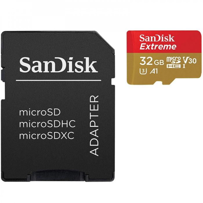 Карта пам'яті microSDHC (UHS-1 U3) SanDisk Extreme Action A1 32Gb Class 10 V30 (R100Mb/s, W60Mb/s) (adapter SD) TP (SDSQXAF-032G-GN6AT)