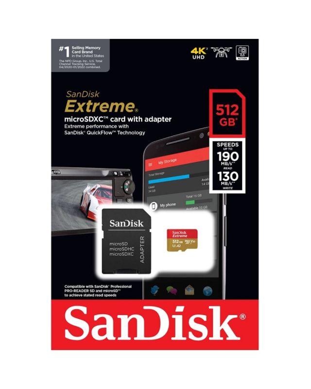Карта пам'яті microSDXC (UHS-1 U3) SanDisk Extreme A2 512Gb class 10 V30 (R190MB/s,W130MB/s) (adapter SD) (SDSQXAV-512G-GN6MA)