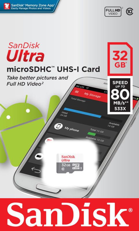 Карта пам'яті microSDHC (UHS-1) SanDisk Ultra 32Gb class 10 (80Mb/s) (SDSQUNS-032G-GN3MN)